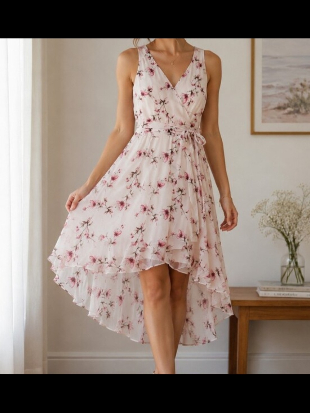 White House Black Market White Floral High-Low Dress with Pink Accents - Picture 7 of 7